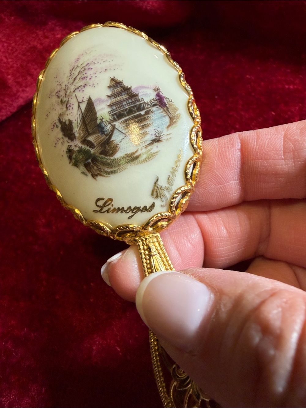 Vintage Limoges Cream Porcelain Scenic mirror wGold Filigree;excellent condition